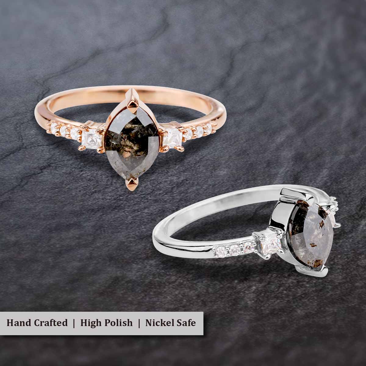 Marquise cut rustic salt and pepper natural diamond wedding ring