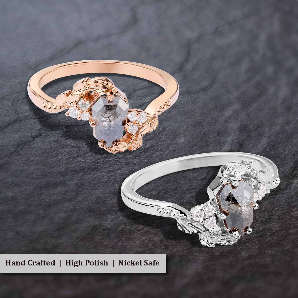 Shield Rose Cut Natural Salt and Pepper Diamond Art Deco Ring
