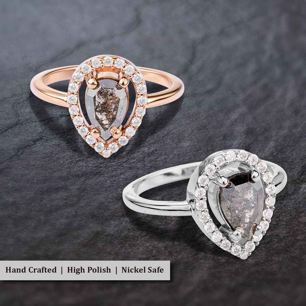 Natural Salt and Pepper Diamond Halo Moissanite Teardrop Engagement Ring