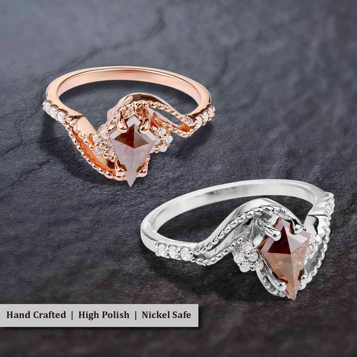 Kite Rose Cut Brown Rustic Diamond Cluster Moissanite Vintage Engagement Ring