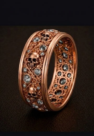 14k Rose Gold Mens Skull Ring Salt Pepper Natural Diamonds