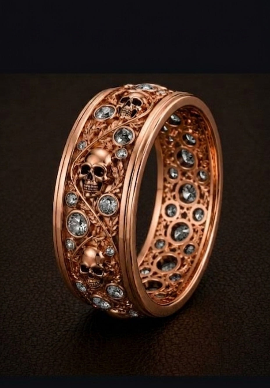 14k Rose Gold Mens Skull Ring Salt Pepper Natural Diamonds