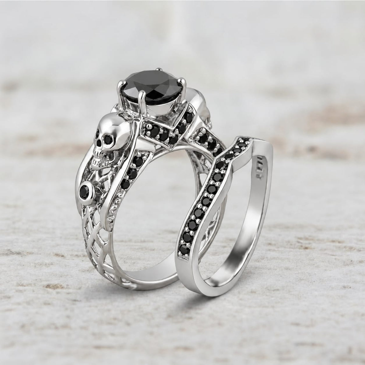 14k White Gold Skull Bridal Ring Set with Black Natural Diamonds