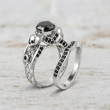 14k White Gold Skull Bridal Ring Set with Black Natural Diamonds