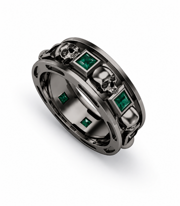Skull And Natural Emerald Gun Metal Plated 925 Sterling Silver Ring