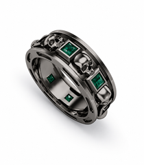Skull And Natural Emerald Gun Metal Plated 925 Sterling Silver Ring