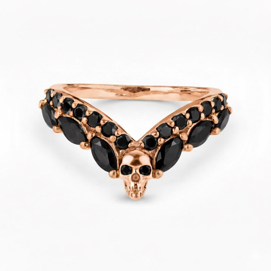 Rose gold skull ring enhancer guard with black diamonds/onyx gemstones, Chevron V-shaped curved wishbone nesting stacking wedding band