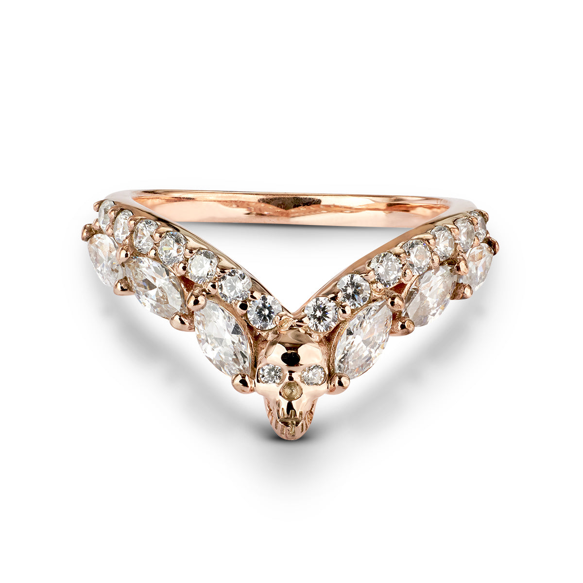 Rose gold skull ring enhancer guard with diamonds, Chevron V-shaped curved wishbone nesting stacking wedding band