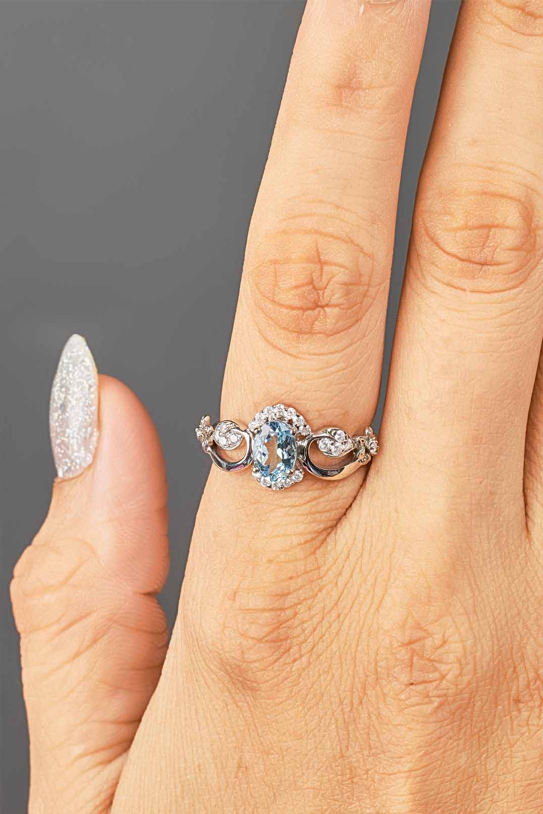 Natural Sky Blue Topaz Engagement Ring Promise Wedding Anniversary Art Deco Flower Rose Gold White Gold Silver
