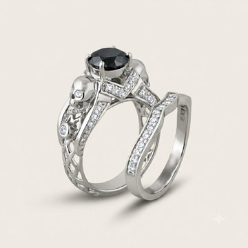 Skull Ring Set with Natural Black Diamond - 10k White Gold Alternative Bridal Rings