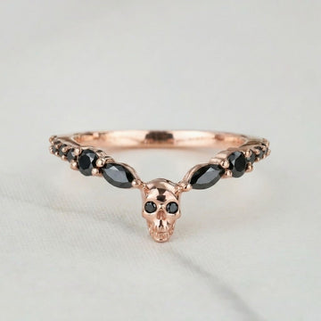 Skull Wedding Band for Goth, Rose Gold Stacking Ring Alternative Bridal Jewelry