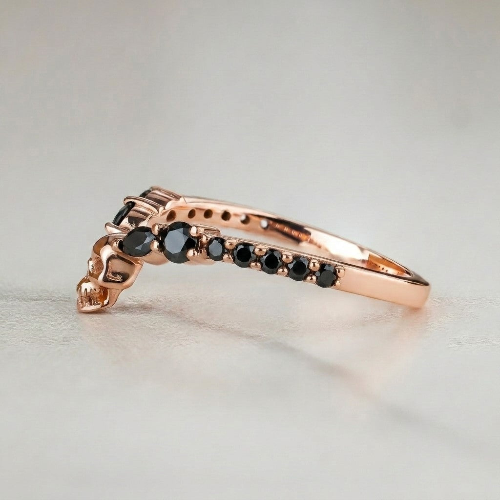 Skull Wedding Band for Goth, Rose Gold Stacking Ring Alternative Bridal Jewelry