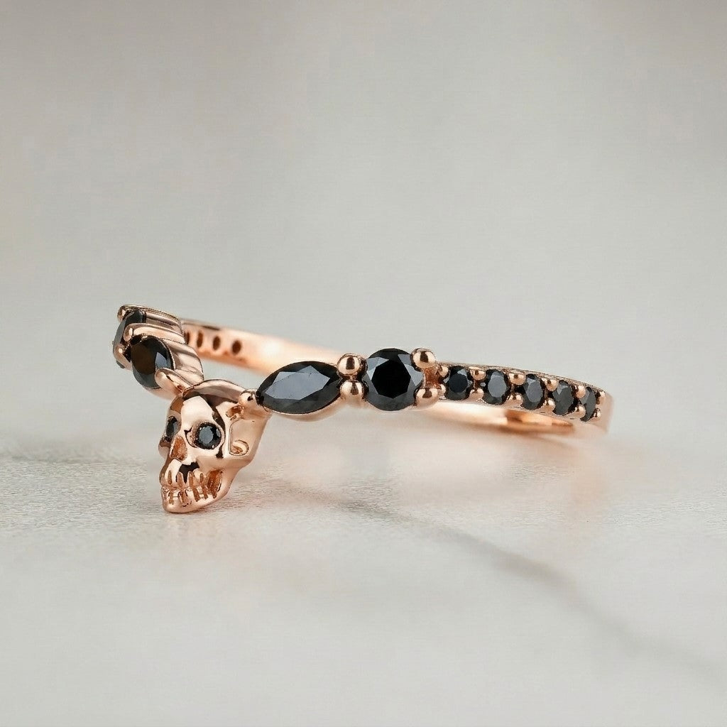 Skull Wedding Band for Goth, Rose Gold Stacking Ring Alternative Bridal Jewelry
