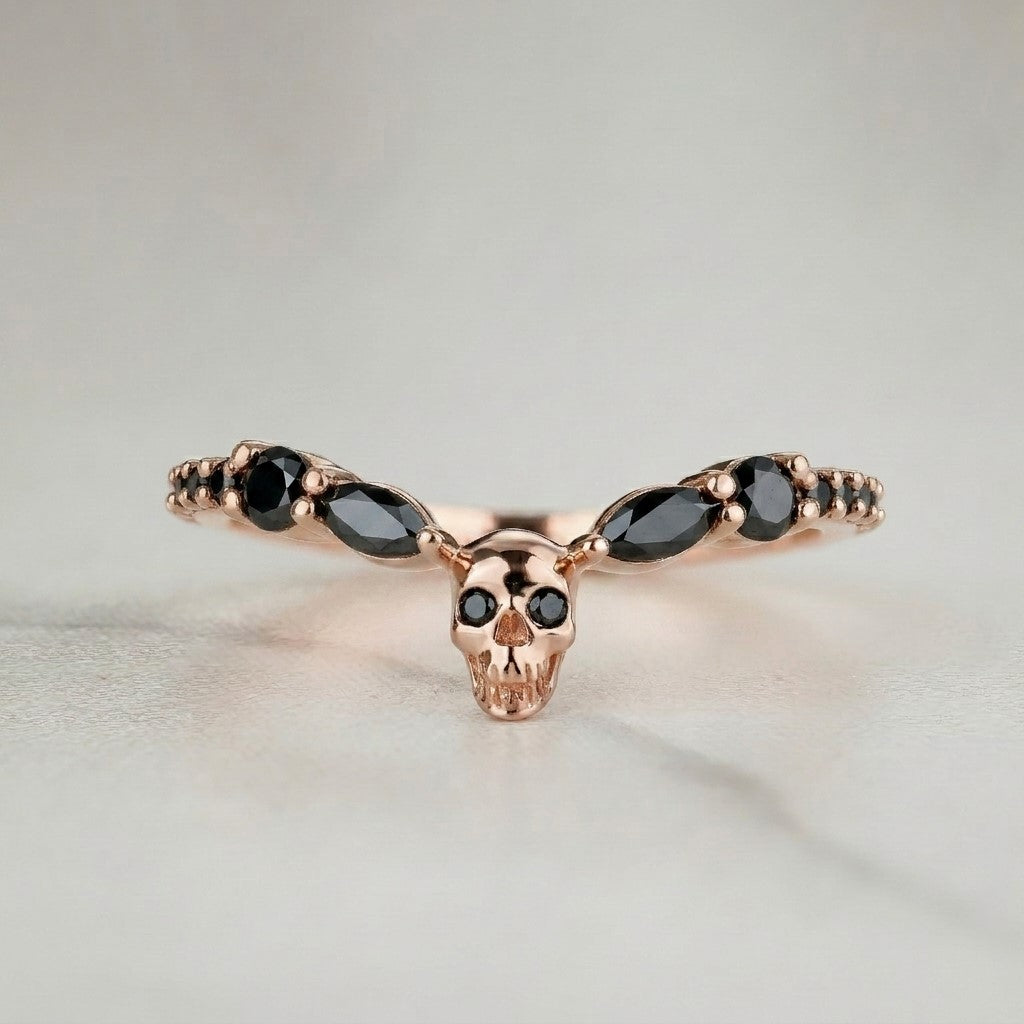 Skull Wedding Band for Goth, Rose Gold Stacking Ring Alternative Bridal Jewelry