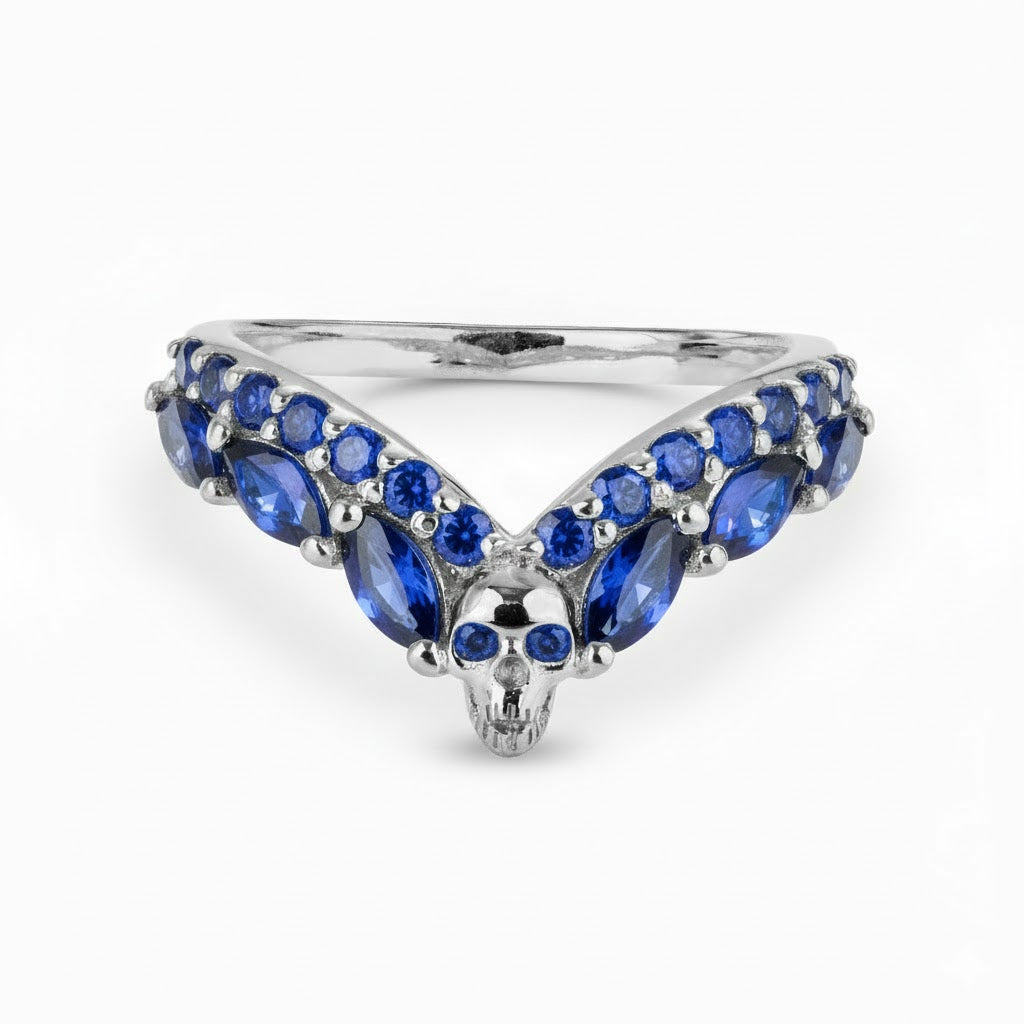 Sterling silver skull ring enhancer guard with blue sapphire gemstones, Chevron V-shaped curved wishbone nesting stacking wedding band