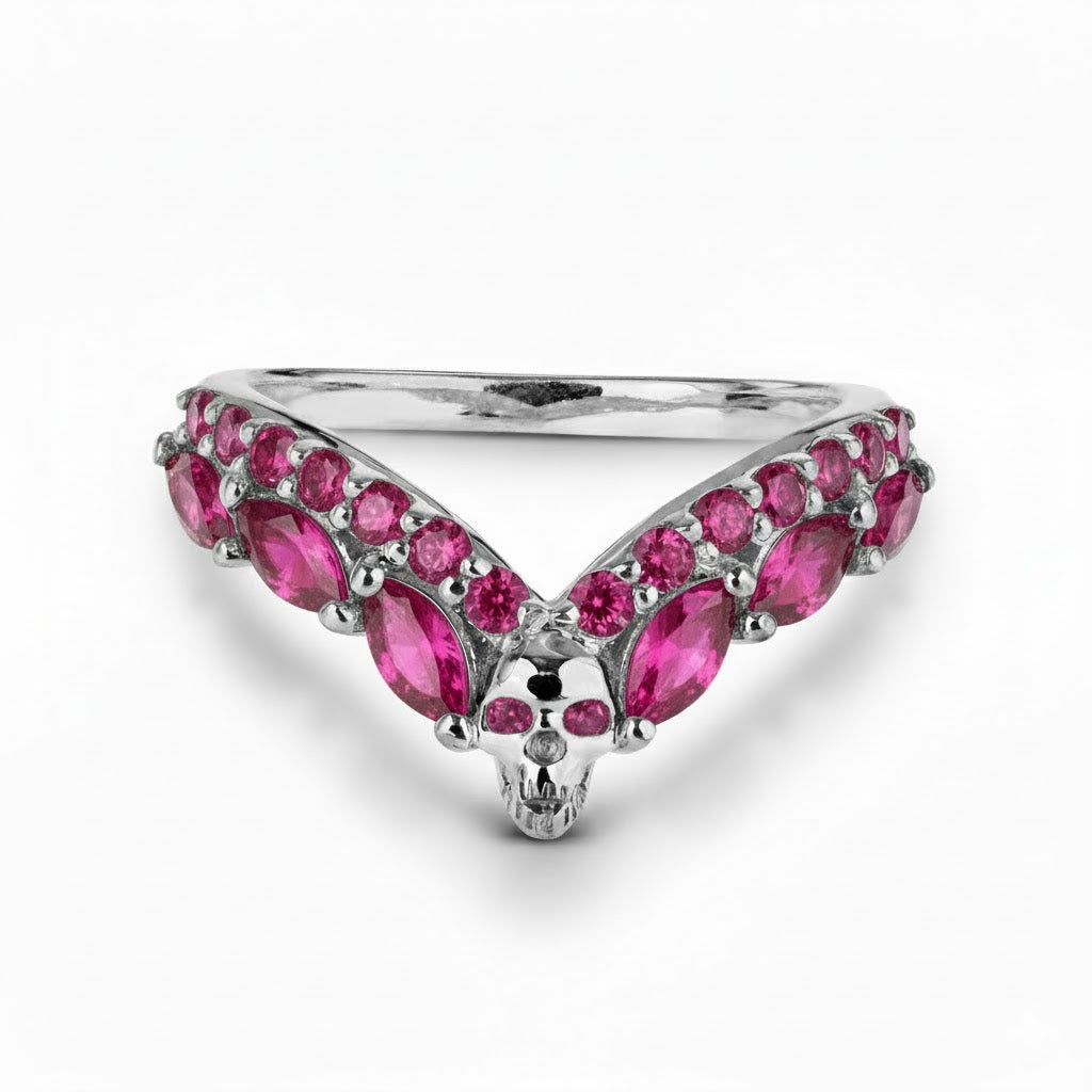 Sterling silver skull ring enhancer guard with pink ruby gemstones, Chevron V-shaped curved wishbone nesting stacking wedding band