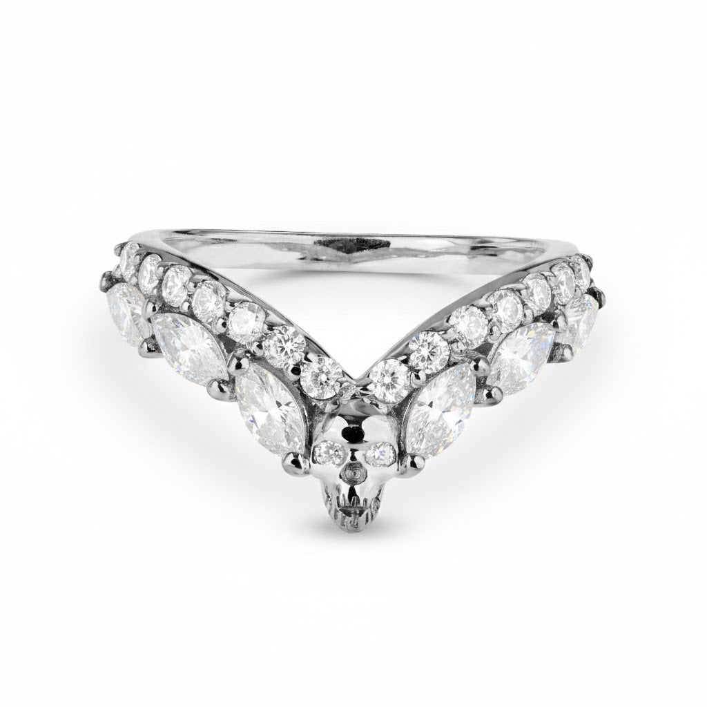 Sterling silver skull ring enhancer guard with diamonds, Chevron V-shaped curved wishbone nesting stacking wedding band