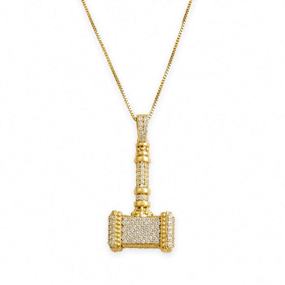 iced out thor hammer pendant with gold finish and CVD lab grown diamonds