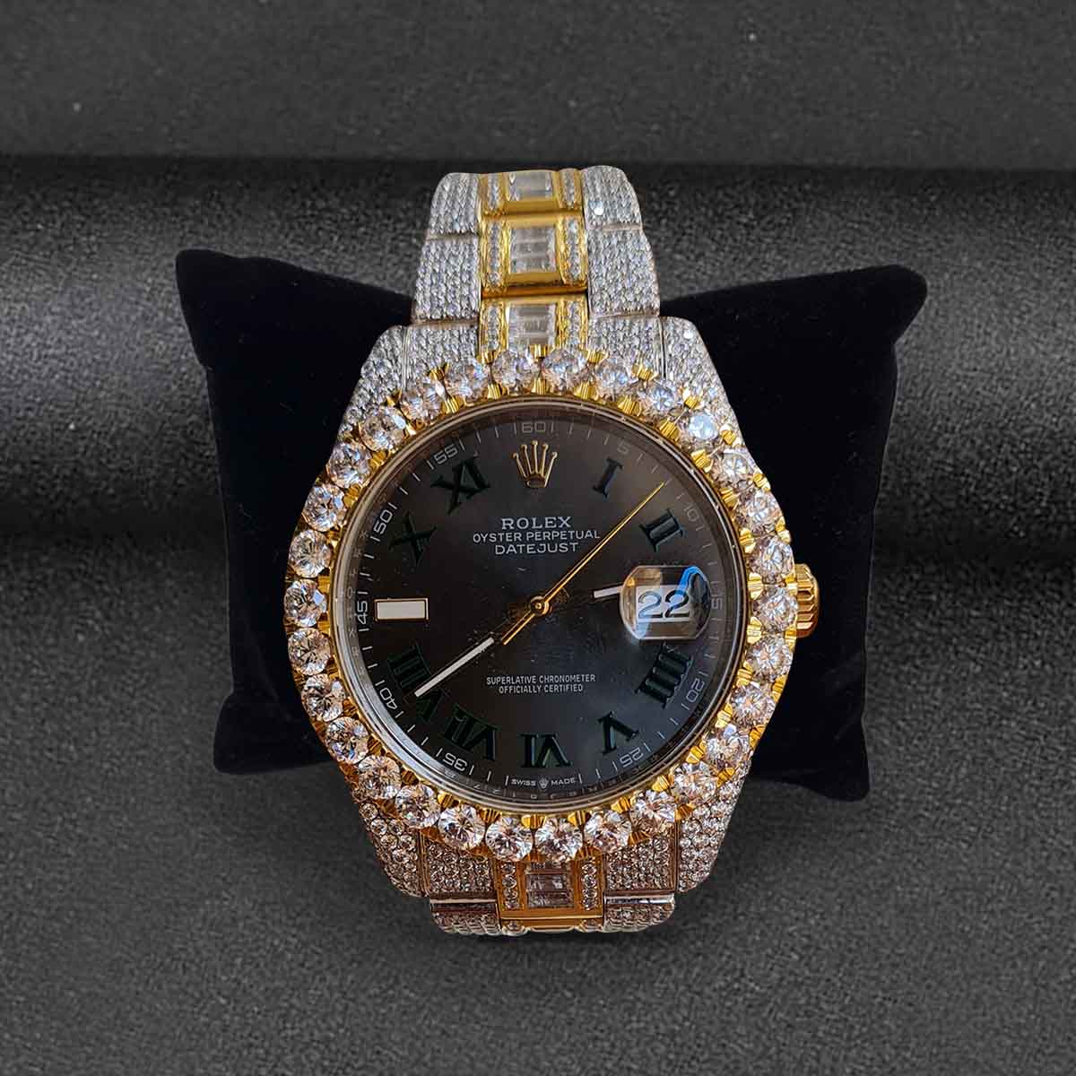 Moissanite Diamond Iced Out Rolex Watch Grey Dial Automatic Swiss ETA Analog Two Tone