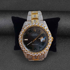 Diamond Iced Out Rolex Watch Grey Dial Automatic Swiss ETA Analog Two Tone