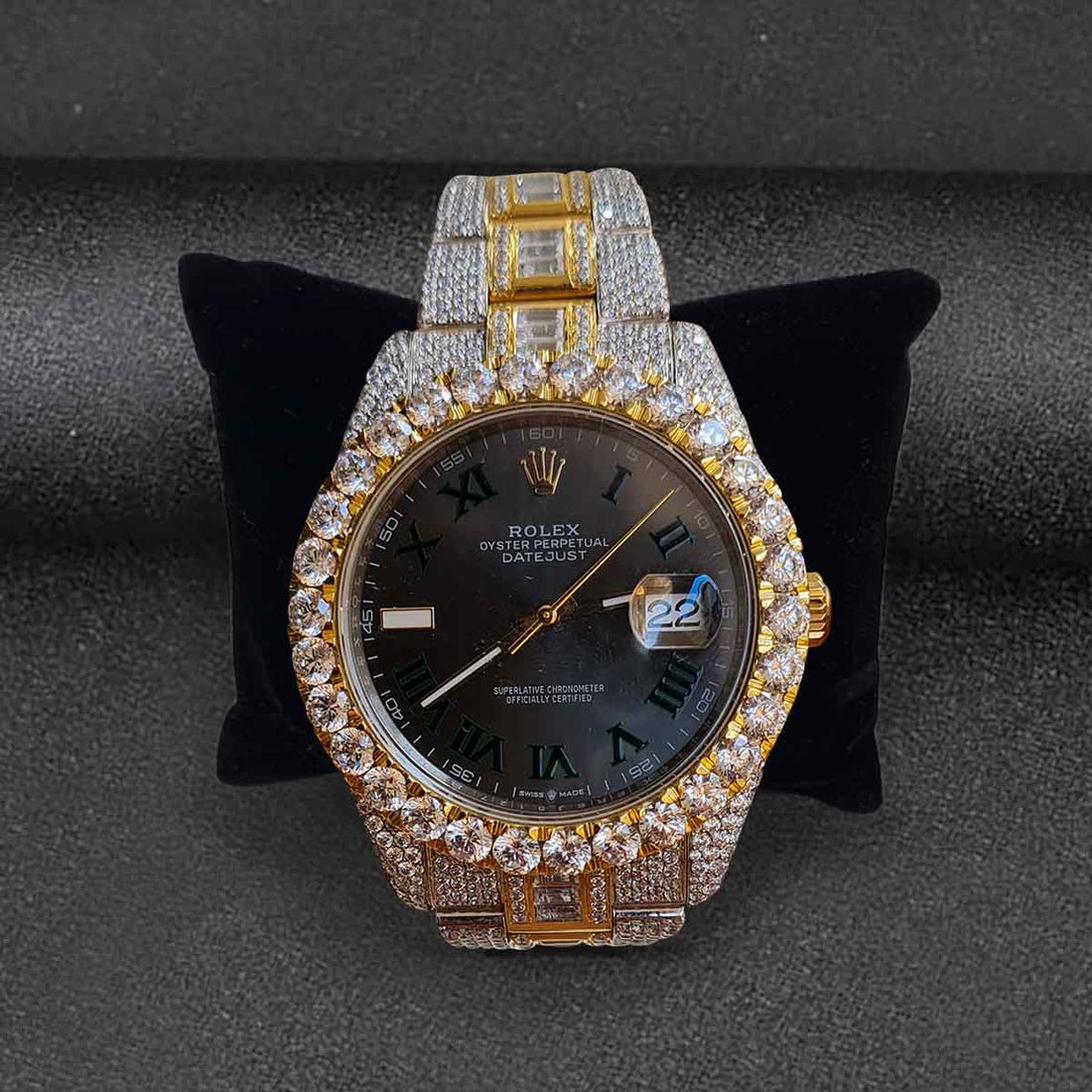 Moissanite Diamond Iced Out Rolex Watch Grey Dial Automatic Swiss ETA Analog Two Tone