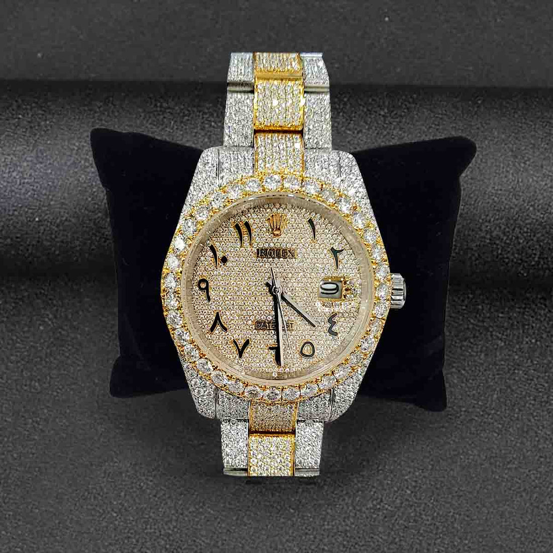 Rolex Watch Iced Out Two Tone Rolex Day Date Arabic Dial CZ Moissanite Diamond Studded