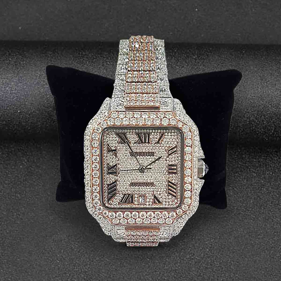 Iced Out Santos De Cartier Watch CZ Diamond Smartlink Bracelet