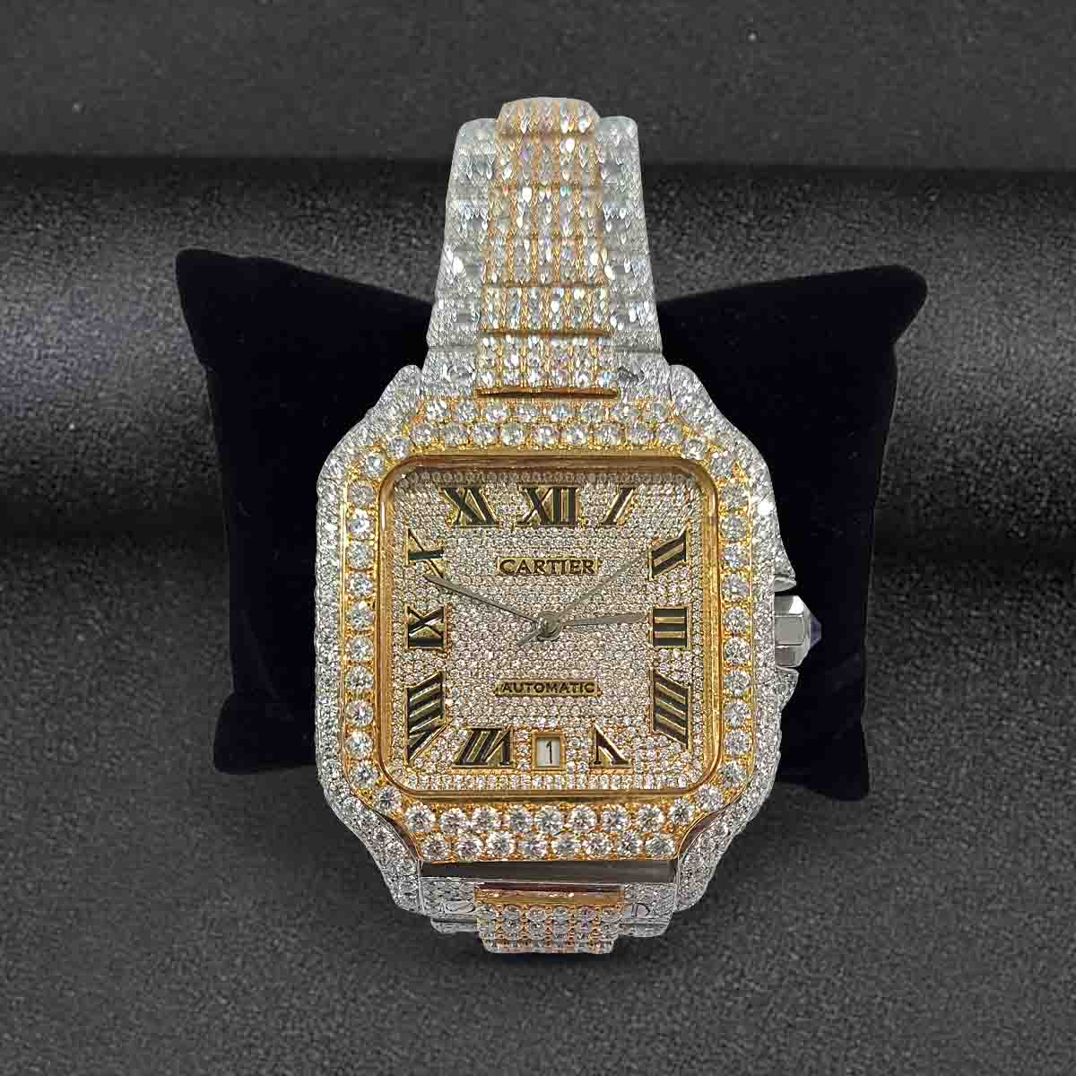 Diamond Iced Out Santos De Cartier Watch Square Dial Two Tone