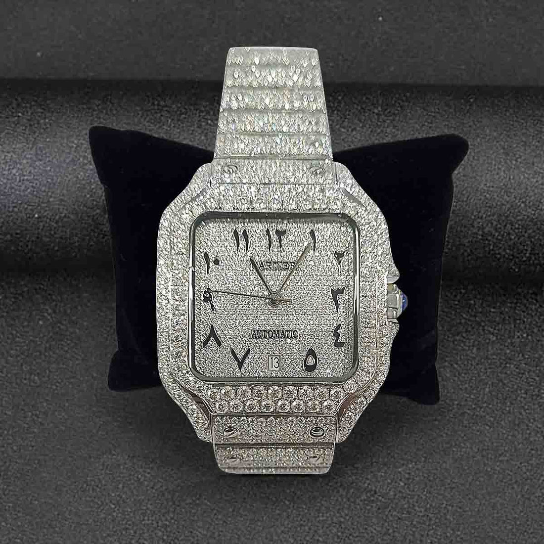 Moissanite Iced Out Cartier Watch Santos De Cartier Arabic Square Dial Smartlink Bracelet